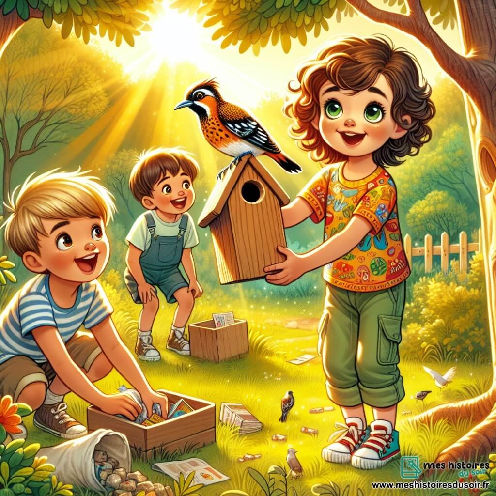 Une illustration sous forme de dessin destinée aux enfants représentant une forêt verdoyante, baignée de lumière dorée, où une fille de 12 ans aux cheveux châtains bouclés et aux yeux pétillants, vêtue d'un t-shirt coloré et de pantalons en toile, observe avec émerveillement un loriot perché sur un nichoir qu'elle vient d'installer, tandis que deux garçons de son âge, l'un aux cheveux blonds et l'autre aux cheveux bruns, s'affairent à ramasser des déchets autour d'eux, illustrant ainsi leur engagement joyeux pour la protection de l'environnement.