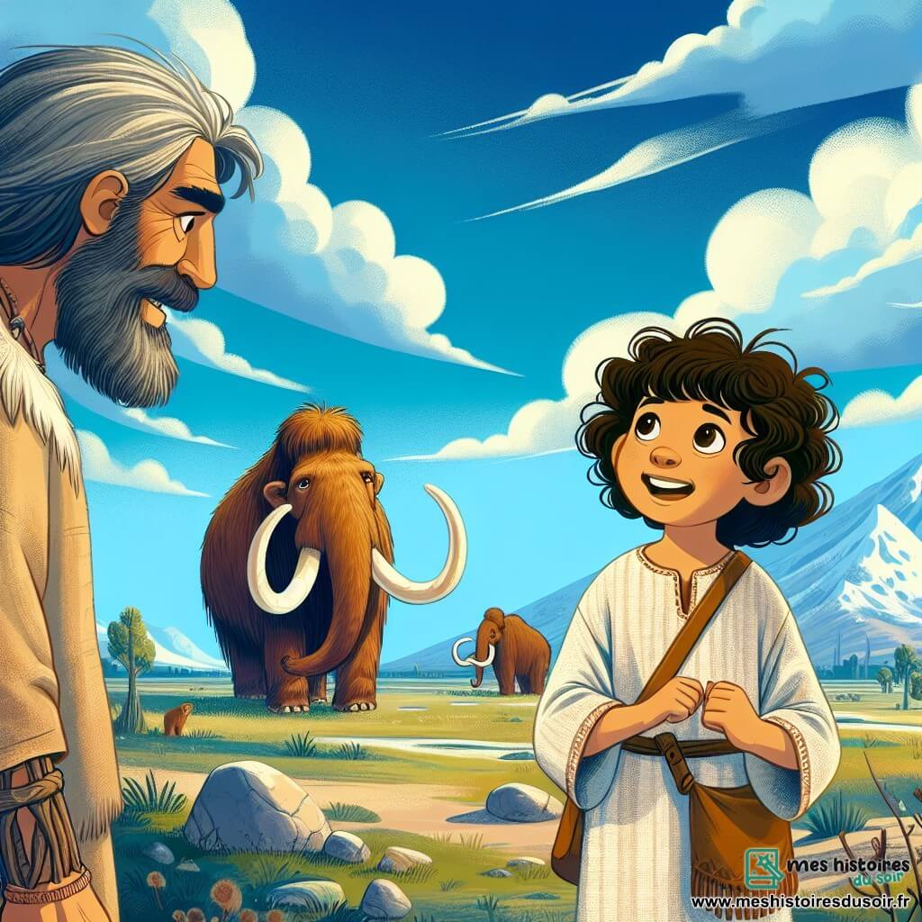 Une illustration sous forme de dessin destinée aux enfants représentant une vaste plaine préhistorique baignée par un ciel bleu éclatant, où une fille de 11 ans aux cheveux bouclés et aux yeux pétillants, vêtue d'une tunique en lin, observe avec émerveillement un mammouth majestueux qui broute paisiblement à proximité, tandis qu'un homme préhistorique à la barbe fournie et aux vêtements en peaux de bête, son guide, lui explique l'importance de ces créatures dans leur écosystème, le tout évoquant une atmosphère d'aventure et de découverte dans un voyage dans le temps.
