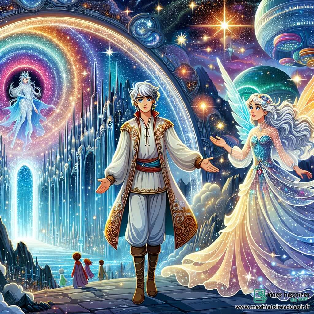 Une illustration sous forme de dessin destinée aux enfants représentant une scène magique sur la planète Astralys, où un jeune homme aux cheveux argentés et aux yeux brillants, vêtu d'une tunique ornée de motifs stellaires, se tient courageusement devant un immense portail scintillant fait d'étoiles et de lumière, tandis qu'à ses côtés, une femme majestueuse à la robe éclatante et aux cheveux flottants comme des nuages de lumière l'encourage, et en arrière-plan, des vaisseaux spatiaux colorés flottent dans un ciel étoilé, évoquant une atmosphère d'aventure et de mystère dans un univers de space fantasy.