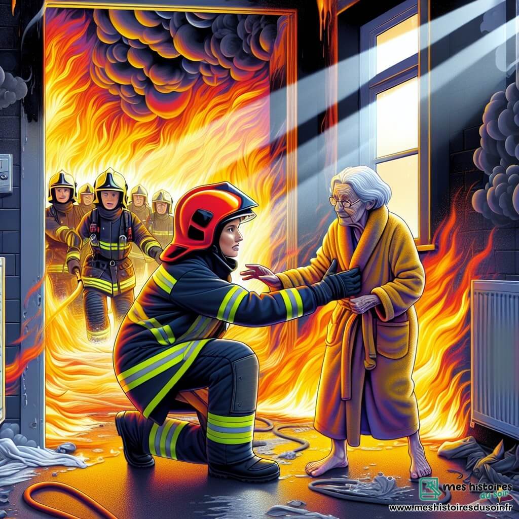 Illustration d'une scène dynamique dans un immeuble en feu, avec des flammes orange et jaunes dansant autour des murs et une épaisse fumée noire montant vers le plafond. Au centre, une femme pompier en formation, casque rouge et veste ignifugée, se tient courageusement, le visage déterminé et concentré. Elle tend la main vers une vieille dame aux cheveux gris, en peignoir, qui tremble de peur mais est soulagée de recevoir de l'aide. La pompier guide la vieille dame vers la sortie, tandis qu'en arrière-plan, d'autres pompiers luttent contre les flammes avec des lances à incendie, créant une atmosphère de solidarité. Des murs noircis par la suie, des débris au sol et des rayons de lumière perçant la fumée symbolisent l'espoir et le courage.