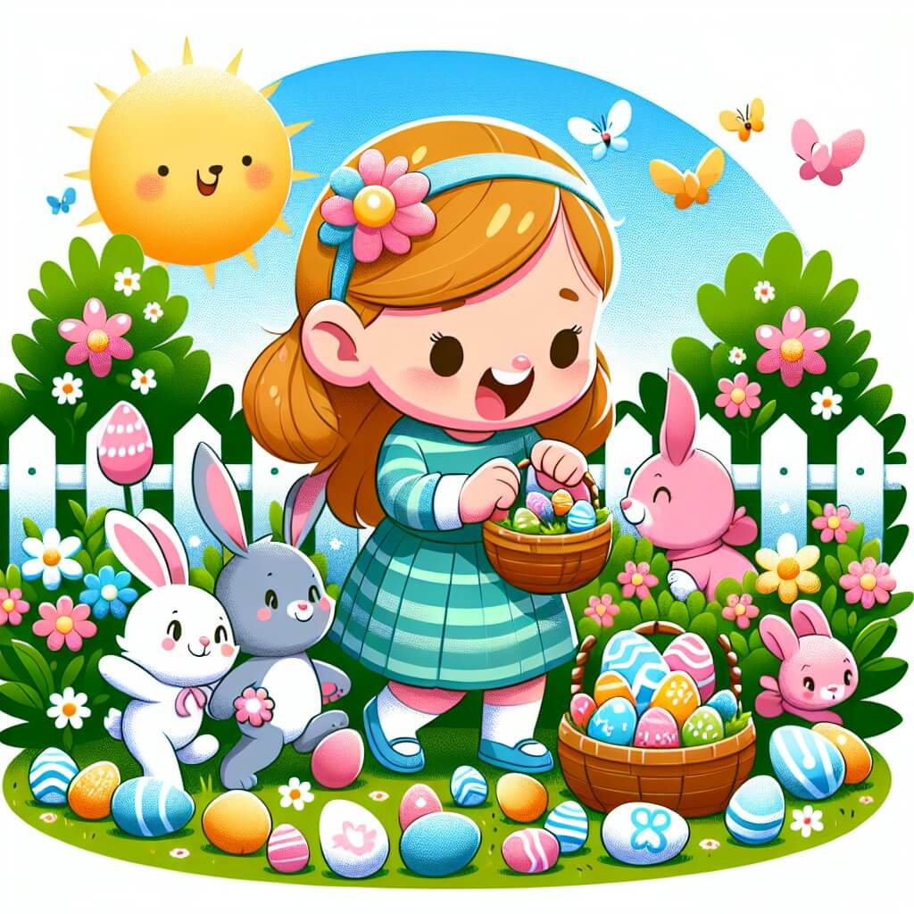 Une illustration destinée aux enfants représentant une jeune fille joyeuse, entourée de lapins en peluche et d'œufs colorés, cherchant des trésors dans un jardin fleuri et ensoleillé pour célébrer Pâques.