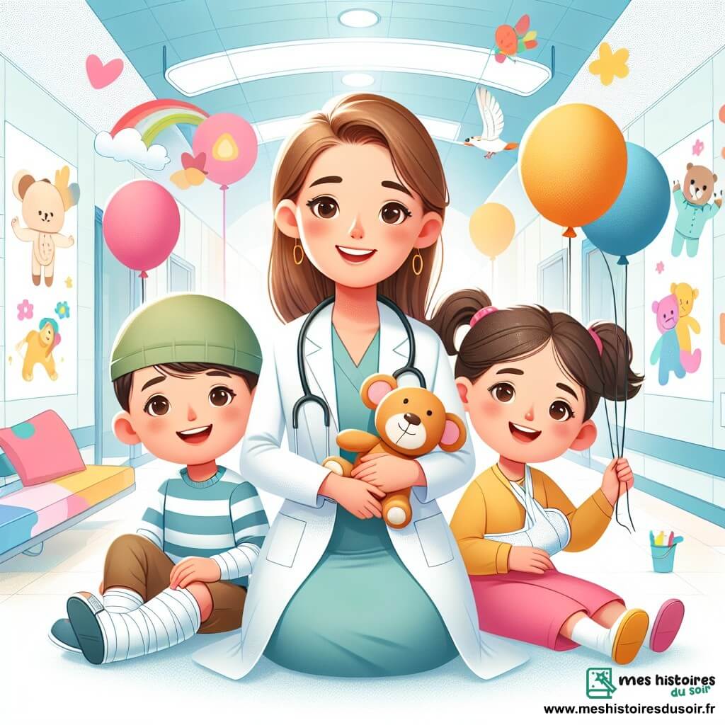 Une illustration destinée aux enfants représentant une jeune femme médecin, entourée d'un garçon avec un plâtre et d'une fille avec une peluche, dans une aile lumineuse et colorée de l'hôpital remplie de dessins d'animaux et de ballons.
