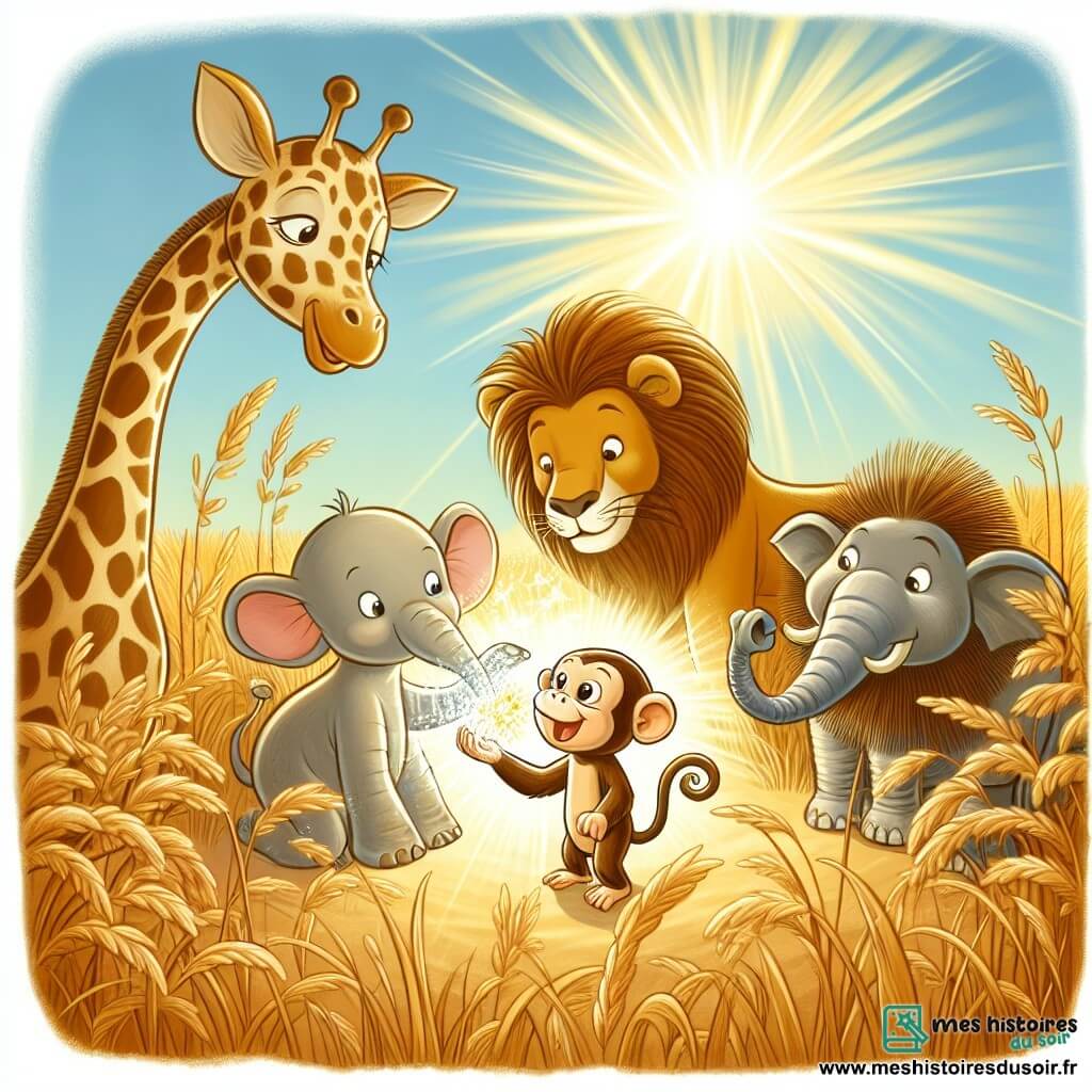 Une illustration sous forme de dessin destinée aux enfants représentant une savane ensoleillée avec des herbes dorées ondulant sous le vent, où une girafe au long cou tacheté de brun et de crème se penche curieusement vers un petit singe espiègle aux yeux pétillants, qui tient un objet brillant dans ses mains, tandis qu'un lion majestueux et un éléphanteau joyeux les observent avec émerveillement, tous réunis autour d'une mystérieuse découverte scintillante, symbolisant l'amitié et l'aventure.