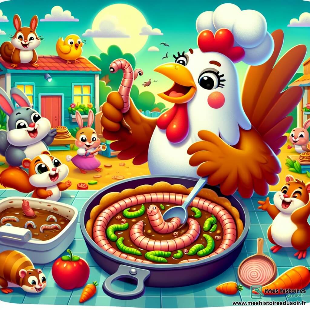 Une illustration destinée aux enfants représentant une poule espiègle préparant une tarte aux vers de terre pour un concours de cuisine, accompagnée de ses amis, un lapin gourmand, un écureuil malicieux et un canard jovial, dans un village coloré et animé.