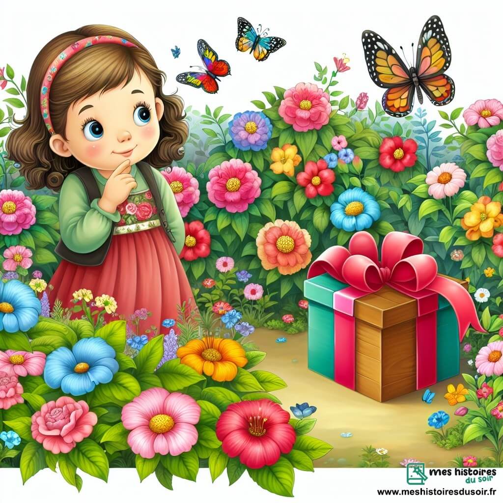 Une illustration destinée aux enfants représentant une fillette curieuse, une mystérieuse boîte à cadeau, un jardin luxuriant aux fleurs multicolores et aux papillons virevoltants.