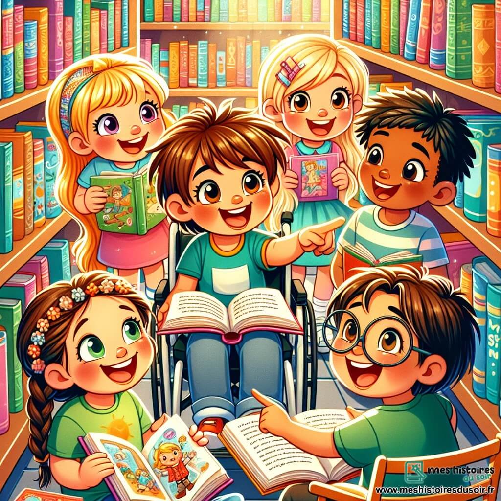 Illustration destinée aux enfants représentant un groupe d'enfants de 5 ans dans une bibliothèque lumineuse et colorée, avec des étagères remplies de livres aux couvertures éclatantes. Au centre, un garçon aux cheveux bruns ébouriffés, les yeux brillants d'excitation, tient un livre ouvert en montrant une page à ses amis. À ses côtés, une fille aux cheveux blonds tressés, souriante, écoute attentivement, tandis qu'un autre garçon aux lunettes rondes, avec un air curieux, pointe du doigt une illustration dans un livre. Une petite fille en fauteuil roulant, avec des cheveux bouclés, sourit en tenant un livre sur les pirates, entourée de ses amis. L'atmosphère est joyeuse et complice, illustrant le moment où ils discutent de l'importance de l'honnêteté et de la confiance, avec des rayons de soleil filtrant à travers les fenêtres, illuminant leur amitié.