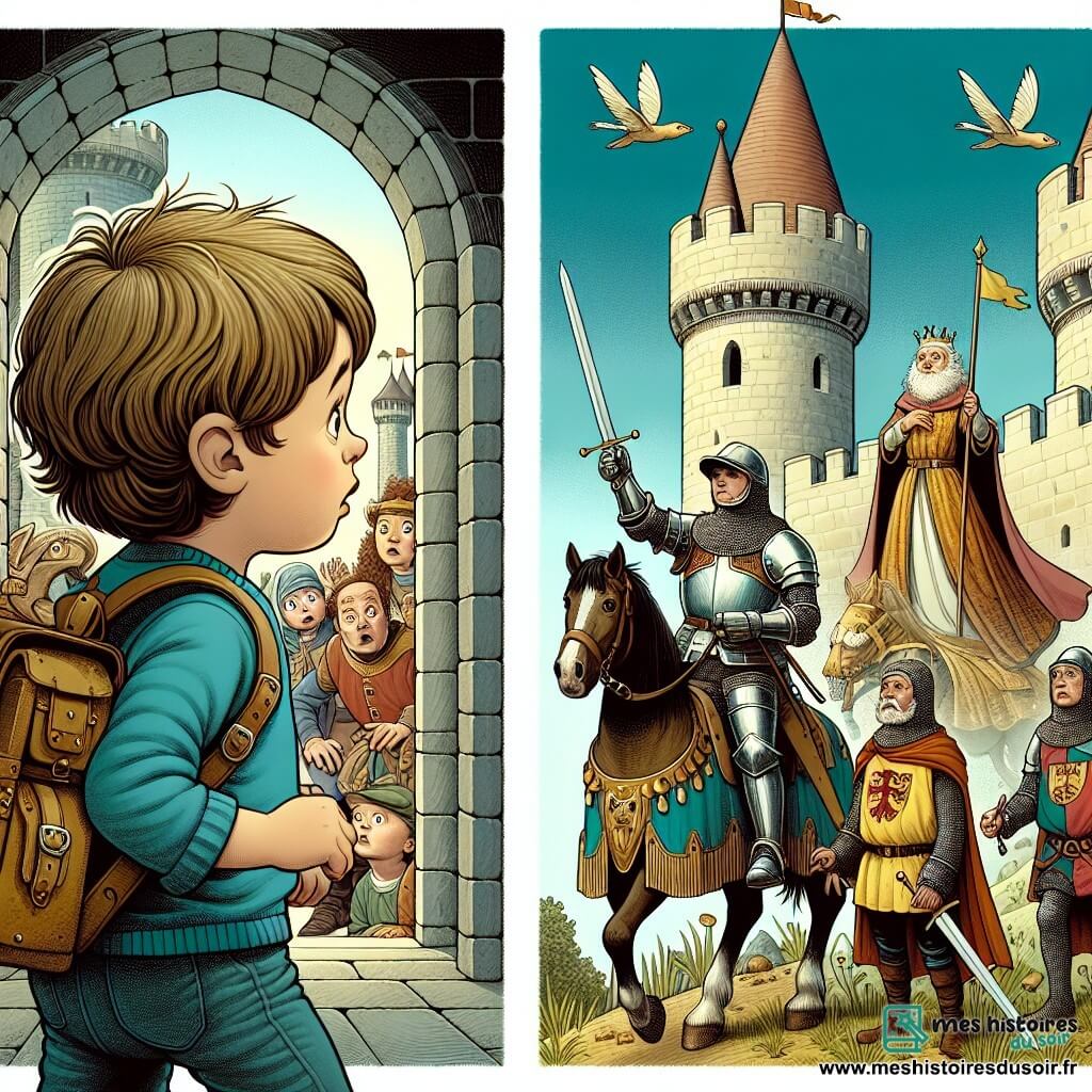 Une illustration destinée aux enfants représentant un petit garçon curieux se retrouvant soudainement transporté dans le passé, accompagné d'un jeune écuyer courageux et d'une fée bienveillante, dans un château en pierre aux tours imposantes, entouré de chevaliers en armure et de carrosses tirés par des chevaux.