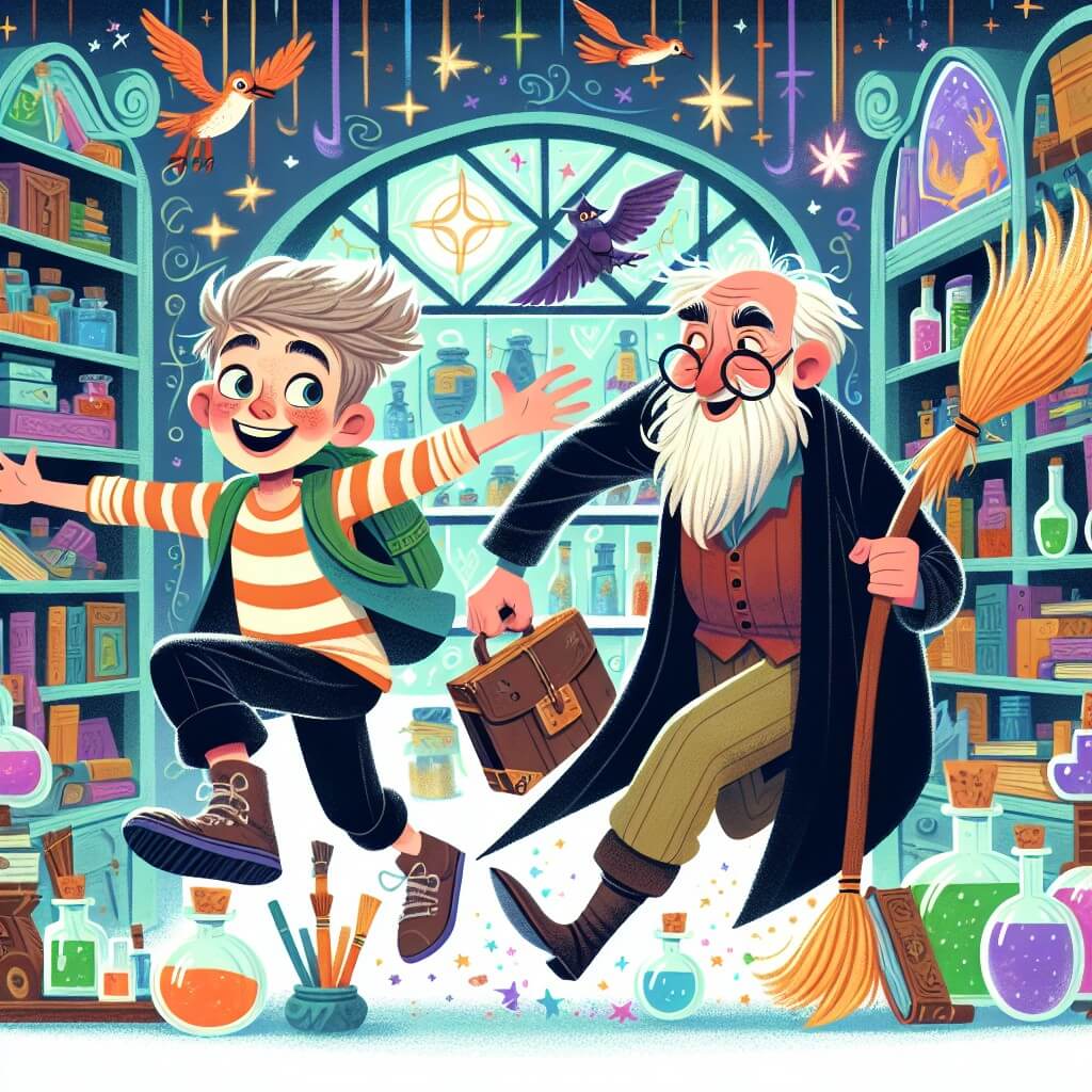 Une illustration destinée aux enfants représentant un jeune garçon plein d'énergie et d'imagination, à la recherche du cadeau parfait pour son père, accompagné d'un vieil homme excentrique, dans une boutique enchantée remplie de balais volants, de potions colorées et de livres magiques.