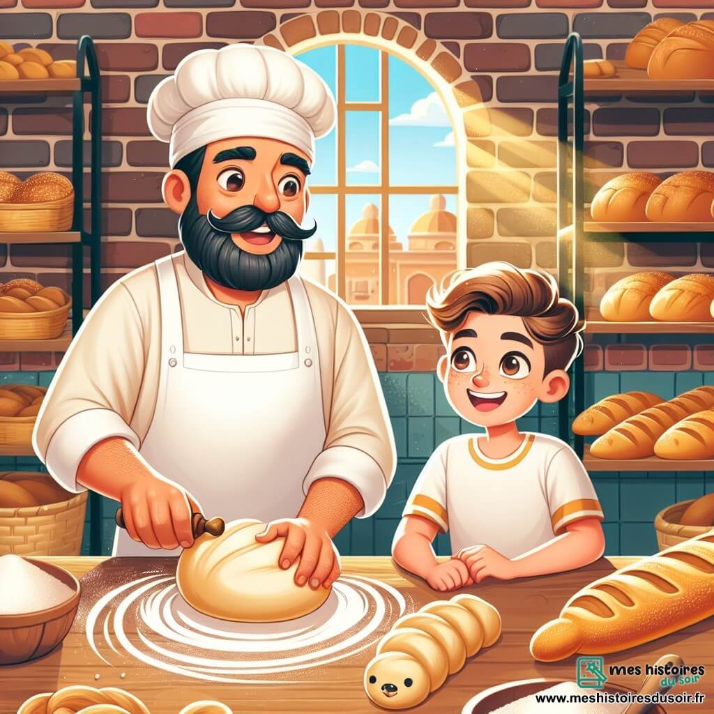 Une illustration sous forme de dessin destinée aux enfants représentant une boulangerie chaleureuse avec des murs en briques et des étagères remplies de pains dorés, où un homme à la moustache bien taillée, vêtu d'un tablier blanc, pétrit de la pâte avec enthousiasme, tandis qu'un garçon aux cheveux en bataille et au sourire éclatant l'observe avec admiration, tous deux plongés dans la création de baguettes en forme d'animaux, entourés de farine flottant dans l'air et de rayons de soleil filtrant à travers la fenêtre.