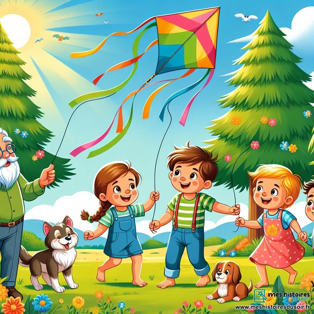 Une illustration sous forme de dessin destinée aux enfants représentant un parc ensoleillé avec de grands arbres verdoyants et des fleurs colorées, où un groupe d'enfants de 7 ans, composé de deux garçons aux cheveux bruns en bataille et d'une fille aux cheveux blonds tressés, s'amusent joyeusement à faire voler un cerf-volant multicolore, tandis qu'un homme âgé avec un sourire bienveillant les observe avec son chien, illustrant l'esprit d'amitié et de soutien entre les enfants qui cherchent à aider ceux qui se sentent tristes à cause des disputes familiales.