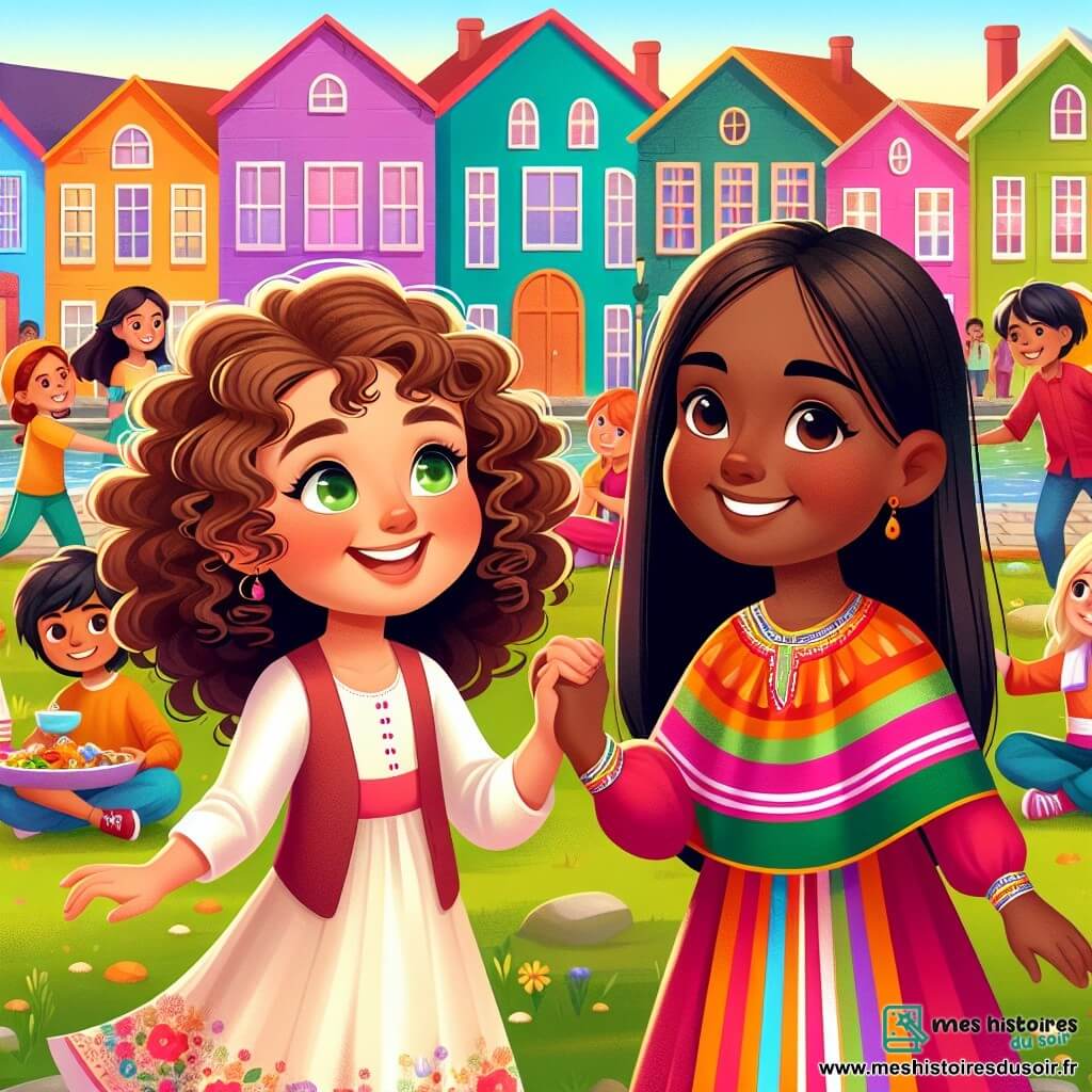 Une illustration sous forme de dessin destinée aux enfants représentant un parc coloré et animé, avec des maisons aux teintes vives en arrière-plan, où une fille de 12 ans aux cheveux bruns bouclés et aux yeux verts éclatants, vêtue d'une robe légère, rit joyeusement en tenant la main de sa nouvelle voisine, une fille de 12 ans à la peau mate et aux cheveux longs et lisses, habillée d'une tunique traditionnelle colorée, alors qu'elles se préparent à célébrer un festival de diversité, entourées d'autres enfants de différentes origines ethniques, jouant et partageant des plats typiques, créant une atmosphère de joie et d'harmonie.
