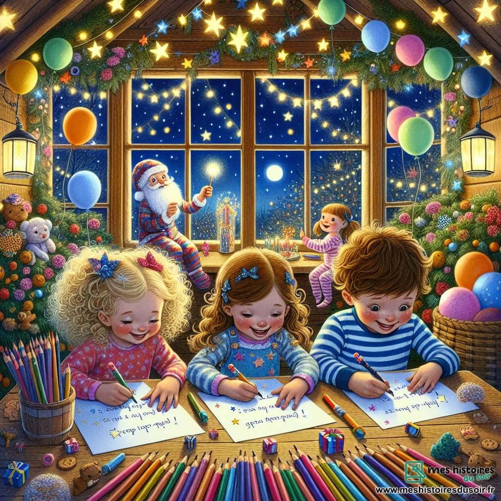 Illustration destinée aux enfants représentant une scène magique du réveillon du Nouvel An dans une cabane de jardin colorée, ornée de guirlandes lumineuses scintillantes et de ballons multicolores flottant dans l'air. Un groupe de trois enfants de 5 ans, deux filles aux cheveux bouclés, l'une blonde et l'autre brune, et un garçon aux cheveux châtains, sont assis autour d'une table en bois, entourés de crayons de toutes les couleurs, en train d'écrire leurs résolutions sur des feuilles de papier décorées de dessins d'étoiles. En arrière-plan, un petit bonhomme en pyjama rayé avec une grande barbe blanche, Monsieur Résolution, les observe avec un sourire joyeux, tenant une baguette scintillante. L'atmosphère est remplie de joie et d'excitation, avec des étoiles brillantes visibles à travers la fenêtre, et un doux parfum de biscuits de Noël flottant dans l'air.