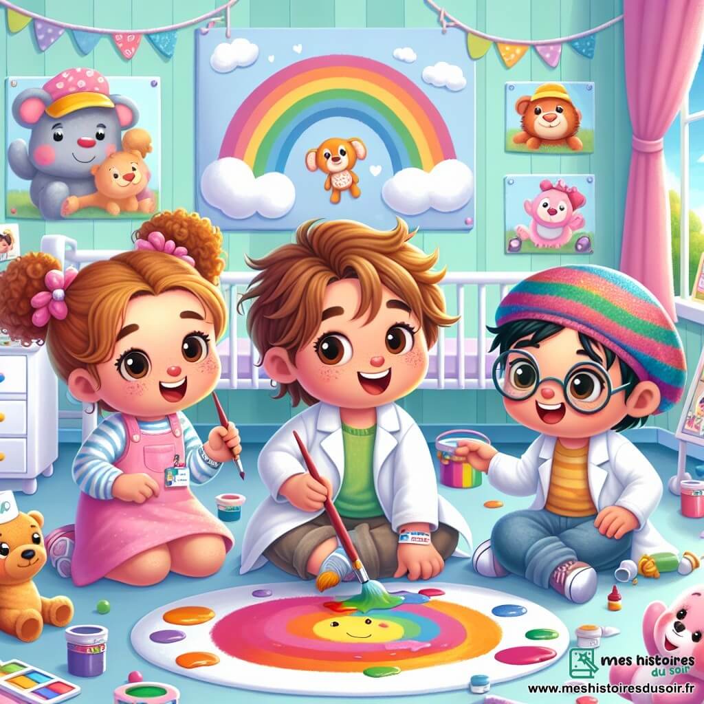 Illustration destinée aux enfants représentant une chambre d'hôpital lumineuse et accueillante, avec des murs peints en pastel et des dessins d'animaux souriants accrochés. Au centre, un groupe de trois enfants de trois ans, deux filles et un garçon, s'amusent ensemble : la première fille a des cheveux bouclés et porte une robe rose, elle tient une palette de peinture ; la deuxième fille a une casquette colorée et des tresses, elle sourit en tenant un pinceau ; le garçon, avec des cheveux courts et des lunettes, regarde avec émerveillement un grand dessin d'arc-en-ciel qu'ils ont créé ensemble. L'atmosphère est joyeuse et pleine de couleurs, illustrant l'amitié et le courage face à la maladie. Des jouets en plastique et des peluches sont éparpillés autour d'eux, ajoutant une touche ludique à la scène.