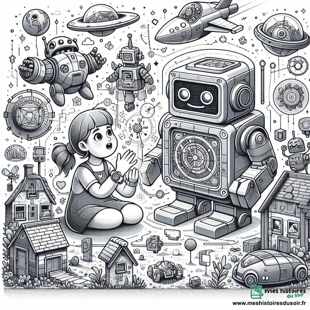 Une illustration destinée aux enfants représentant une petite fille émerveillée par une montre étrange qui l'emmène dans un monde futuriste rempli de robots, se liant d'amitié avec un robot en forme de cube, dans un village douillet aux bâtiments futuristes, avec des voitures volantes et des symboles lumineux mystérieux.
