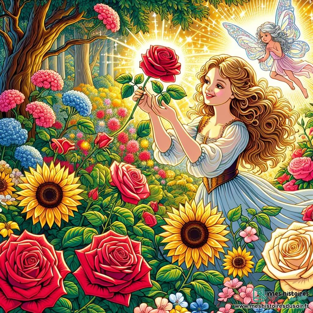 Illustration d'un jardin enchanté, rempli de fleurs éclatantes : roses rouges, tournesols dorés et violettes délicates, baigné par la lumière dorée du soleil. Au centre, une jeune femme aux longs cheveux ondulés, en robe légère pastel, touche une rose qui s'épanouit sous ses doigts, libérant des pétales scintillants. À ses côtés, une petite fée aux ailes translucides et brillantes, avec des cheveux argentés, observe émerveillée. La femme sourit, illuminée par la magie du moment, tandis que les fleurs autour d'elle semblent danser de joie. En arrière-plan, des arbres majestueux aux feuilles vertes vibrantes ajoutent une touche de mystère à cette scène féerique.