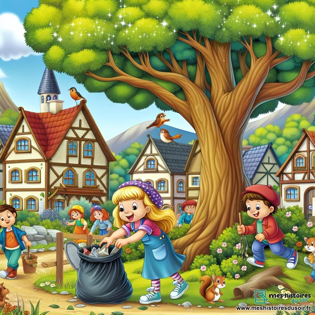 Une illustration destinée aux enfants représentant une fille énergique ramassant des déchets avec l'aide de ses amis en forêt, sous l'ombre d'un arbre majestueux aux feuilles scintillantes, dans un petit village au bord de la forêt, où les oiseaux chantent et les écureuils observent.