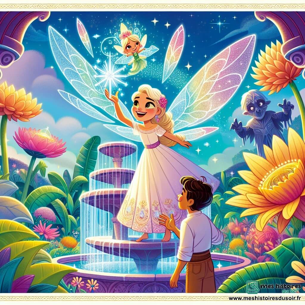 Une illustration sous forme de dessin destinée aux enfants représentant un jardin enchanté aux couleurs éclatantes, avec des fleurs géantes et une fontaine scintillante au centre, où une jeune femme aux cheveux dorés, vêtue d'une robe légère et colorée, lève un cristal brillant vers le ciel, entourée d'une petite fée aux ailes translucides et scintillantes, qui lui sourit avec bienveillance, tandis qu'une ombre menaçante se profile à l'arrière-plan, suggérant une bataille entre la lumière et les ténèbres pour sauver la magie du jardin.