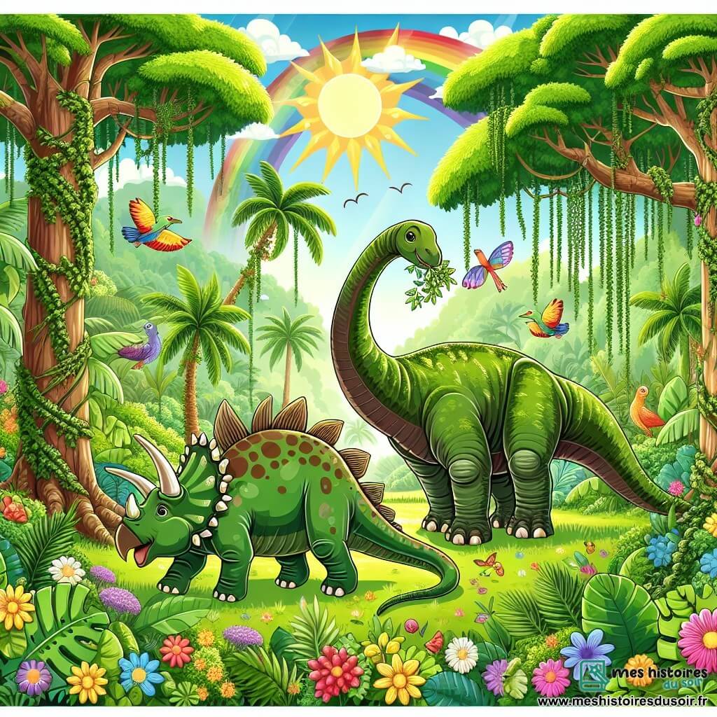 Illustration d'une jungle luxuriante avec de grands arbres aux feuilles vertes, des fleurs colorées et des lianes. Au centre, un diplodocus majestueux mange des feuilles d'un arbre, accompagné d'un tricératops souriant qui grignote également des feuilles. La scène est illuminée par la lumière dorée du soleil, avec un arc-en-ciel magique dans le ciel. Des oiseaux colorés volent et chantent, tandis que des papillons dansent dans l'air.