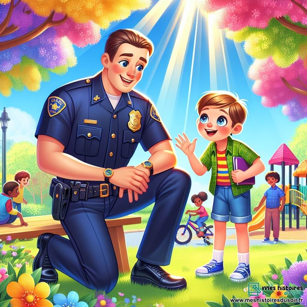 Illustration d'une scène animée dans un parc ensoleillé de Belleville, entouré d'arbres fleuris. Au centre, un policier costaud en uniforme bleu marine, souriant, écoute attentivement un jeune garçon d'environ onze ans, curieux et excité, qui tient un carnet. En arrière-plan, d'autres enfants jouent, et un vélo est garé près d'un banc, symbole de l'enquête. Des rayons de soleil filtrent à travers les feuilles, créant une ambiance lumineuse et amicale, illustrant la collaboration entre le policier et le garçon dans leur quête pour résoudre un mystère.