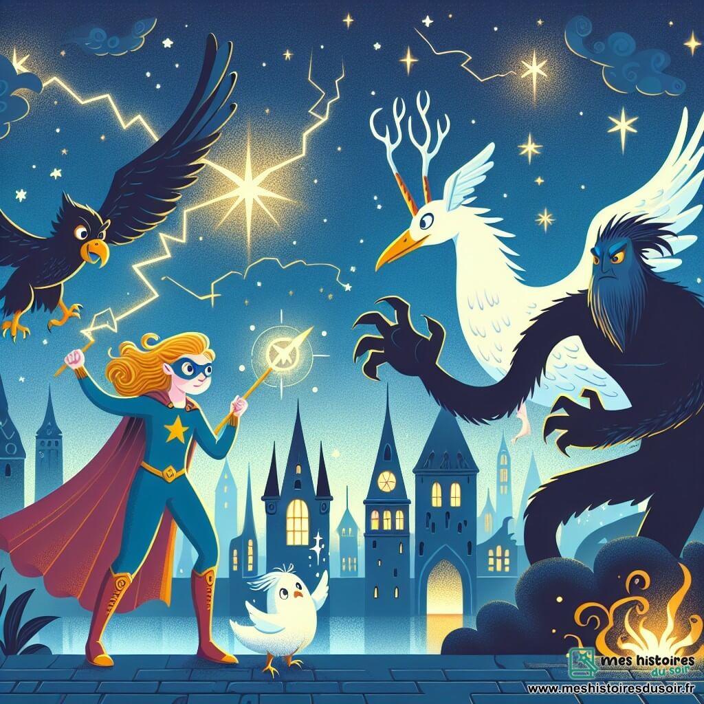 Une illustration destinée aux enfants représentant une super-héroïne au pouvoir extraordinaire, défiant une créature maléfique aux côtés de son fidèle ami, un oiseau magique, dans la ville de Lumièrebrume, illuminée par les étoiles scintillantes.