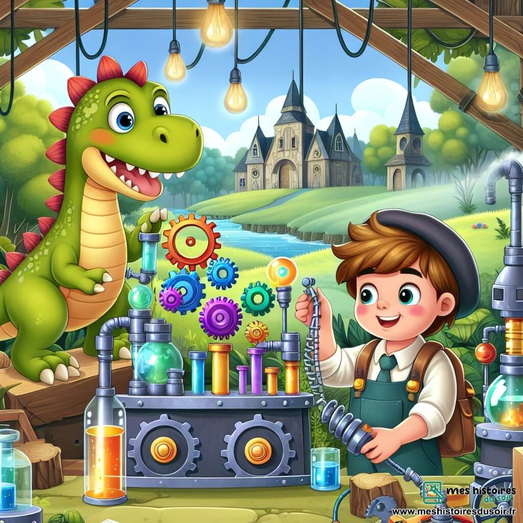Une illustration destinée aux enfants représentant un inventeur farfelu (garçon) et son invention incroyable, accompagné d'un petit dinosaure curieux (garçon) dans un atelier rempli de rouages multicolores et de tubes brillants, le tout situé au cœur d'un village reculé entouré de nature luxuriante et de mystères.
