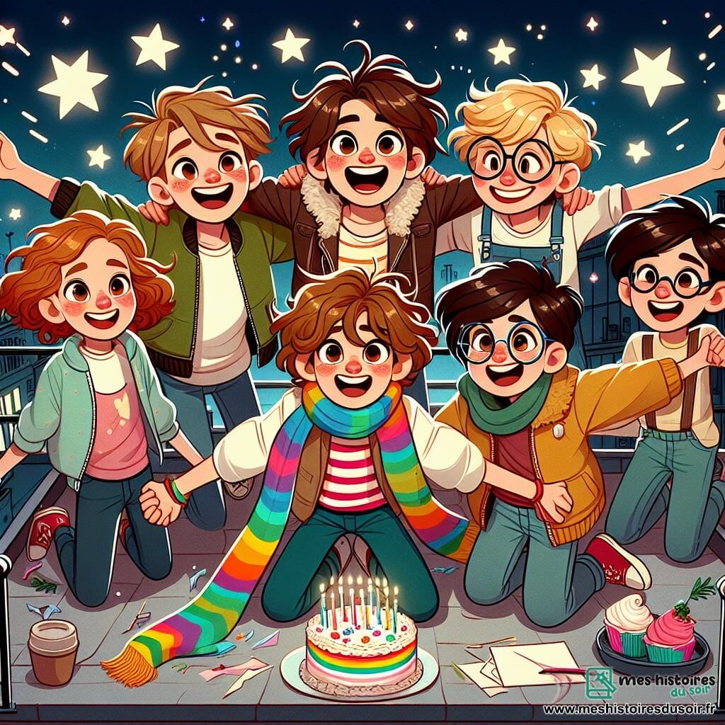 Une illustration sous forme de dessin destinée aux enfants représentant un groupe d'enfants de 11 ans, joyeusement rassemblés sur le toit d'un immeuble sous un ciel étoilé, avec un garçon aux cheveux bruns ébouriffés tenant une écharpe colorée en arc-en-ciel, entouré de ses amis : une fille aux cheveux blonds et bouclés qui sourit avec enthousiasme, un garçon aux lunettes rondes riant aux éclats, et une fille aux cheveux châtains, observant les étoiles avec émerveillement, tous célébrant leur amitié et la magie de la Saint-Valentin, avec des étoiles scintillantes en arrière-plan et des gâteaux colorés posés sur une petite table.