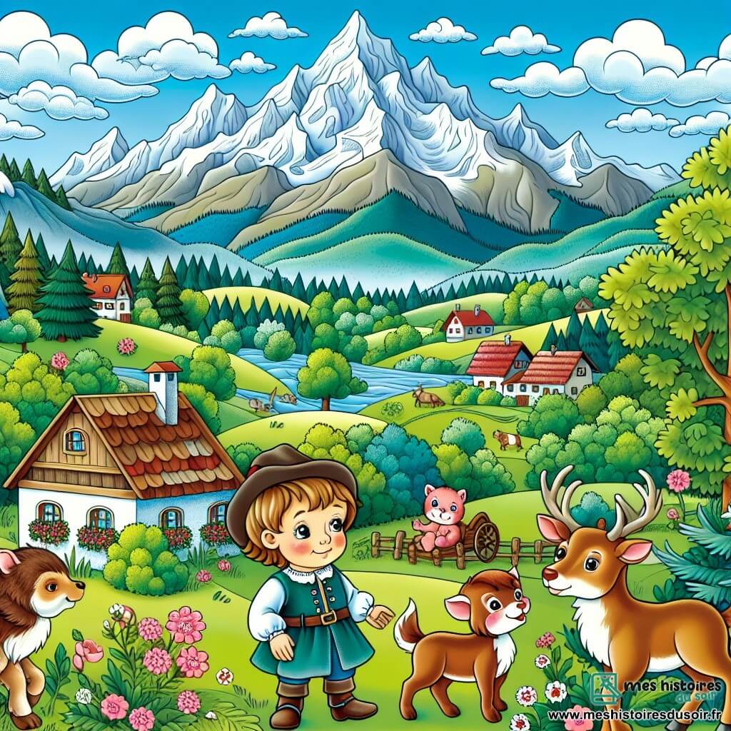 Une illustration destinée aux enfants représentant un petit garçon curieux, entouré par une nature luxuriante et accompagné d'animaux sages, dans un village paisible au pied d'une majestueuse montagne aux sommets enneigés.