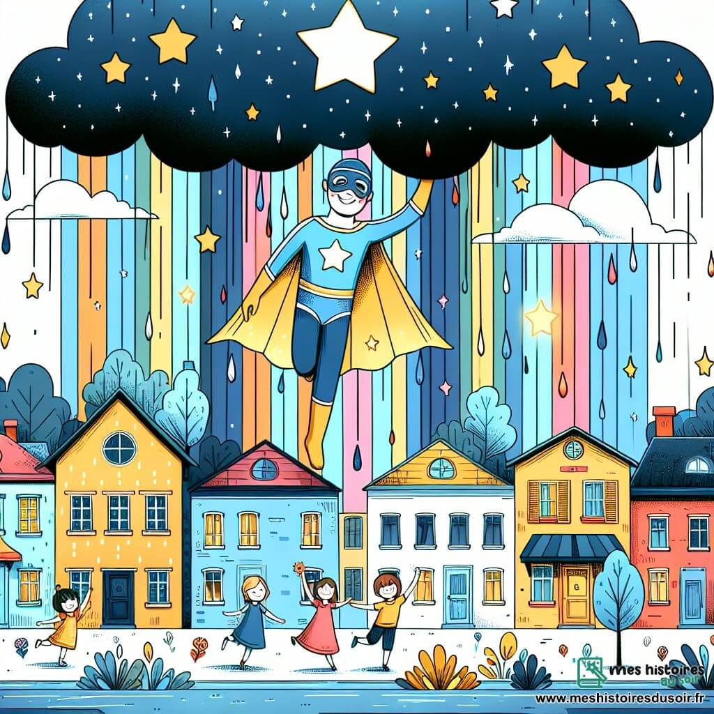 Une illustration sous forme de dessin destinée aux enfants représentant une ville colorée et joyeuse, avec des maisons aux façades éclatantes sous un ciel ensoleillé, où un super-héros homme au costume jaune et bleu, orné d'étoiles brillantes, vole joyeusement au-dessus des enfants qui dansent sous une pluie douce et pétillante, tandis qu'un nuage noir, triste mais réconforté, libère des gouttes d'eau scintillantes, créant une atmosphère de bonheur et de magie.