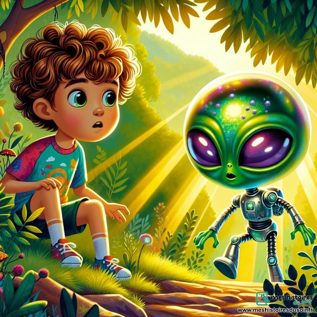 Une illustration sous forme de dessin destinée aux enfants représentant une forêt verdoyante baignée par la lumière dorée du soleil, où une fille de 11 ans aux cheveux châtains et bouclés, portant un t-shirt coloré et un short, observe avec émerveillement un petit extraterrestre vert à la peau brillante, aux yeux violets et aux antennes frétillantes, qui sort d'un vaisseau spatial argenté, tandis qu'ensemble, ils explorent un monde fantastique à la recherche de cristaux d'énergie pour sauver la planète de l'extraterrestre.
