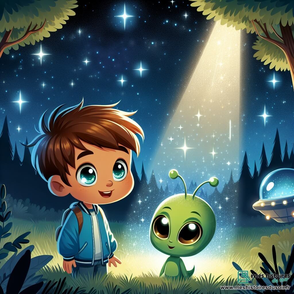 Une illustration sous forme de dessin destinée aux enfants représentant une clairière illuminée par la lumière des étoiles, où un garçon de 11 ans aux cheveux bruns et aux yeux pétillants, vêtu d'une veste bleue, observe avec émerveillement un petit extraterrestre vert aux grandes oreilles et aux yeux brillants, qui se tient à ses côtés, tandis qu'un vaisseau spatial scintillant émet une lueur bleutée en arrière-plan, symbolisant leur amitié naissante et leur désir de comprendre l'univers ensemble.