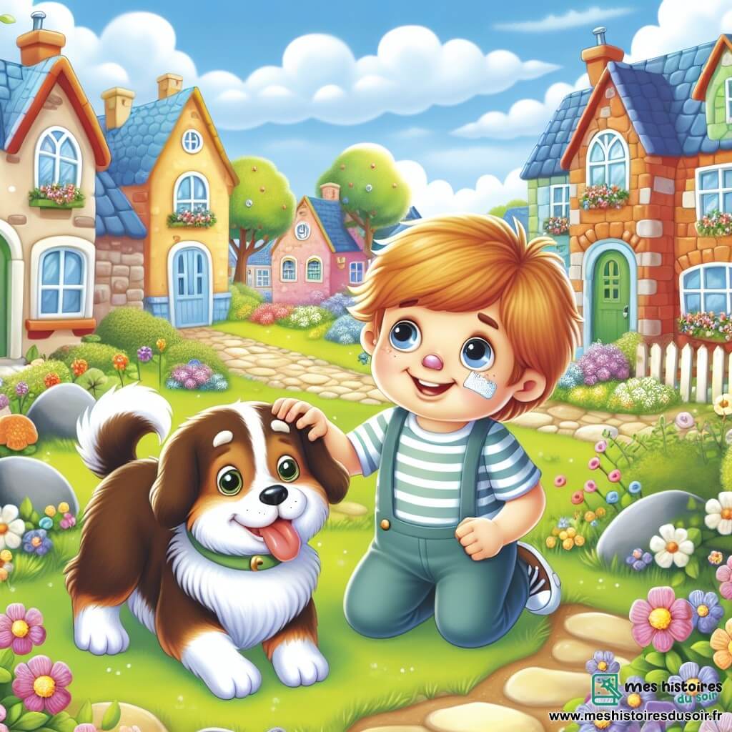 Une illustration destinée aux enfants représentant un petit garçon joyeux et curieux, accompagné de son fidèle chien Max, luttant contre la maladie dans un charmant village paisible aux maisons colorées et aux jardins fleuris.