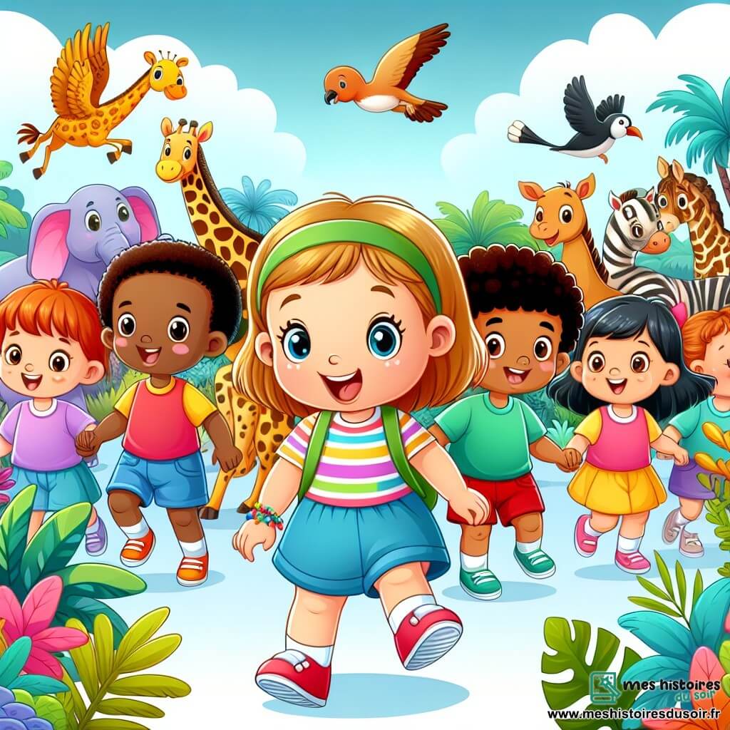 Une illustration destinée aux enfants représentant une petite fille curieuse et pleine d'énergie, accompagnée de ses amis, découvrant un zoo coloré et animé rempli d'animaux exotiques et merveilleux.