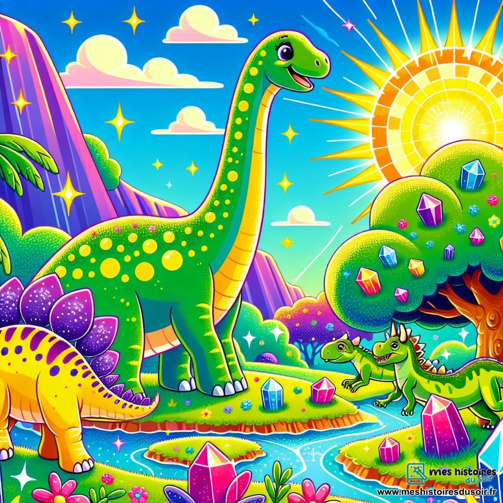 Une illustration sous forme de dessin destinée aux enfants représentant une vallée colorée et ensoleillée, où un diplodocus au long cou vert éclatant avec des taches jaunes se tient joyeusement, entouré de ses amis : une petite tricératops à cornes aux yeux curieux et un vélociraptor agile, tous trois en train de découvrir un trésor scintillant de pierres précieuses au pied d'un immense arbre, tandis que des fleurs vibrantes et des rivières étincelantes ajoutent une touche magique à cette scène d'aventure et d'amitié.