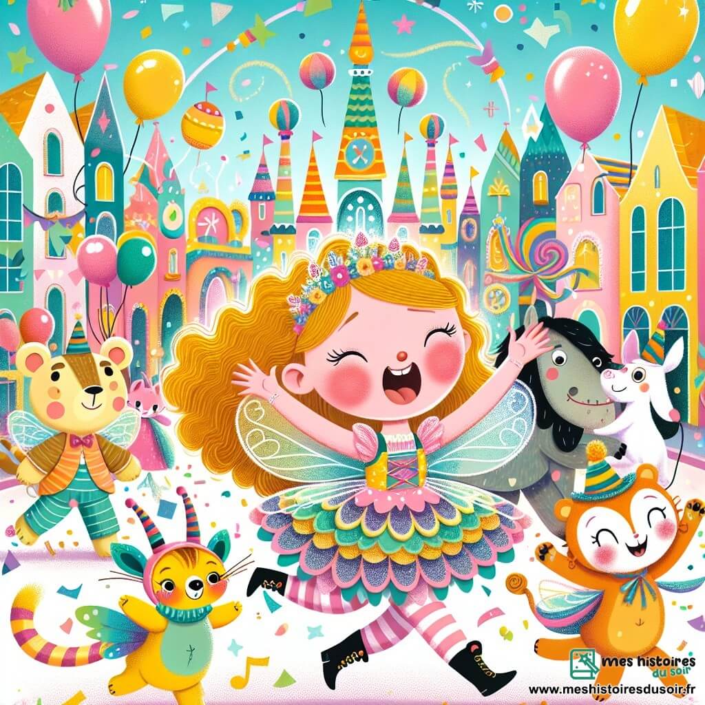 Une illustration destinée aux enfants représentant une fillette joyeuse en costume de fée, entourée de ses amis animaux fantastiques, dans une ville colorée aux rues décorées de ballons et de confettis, lors du carnaval le plus féérique de tous les temps.