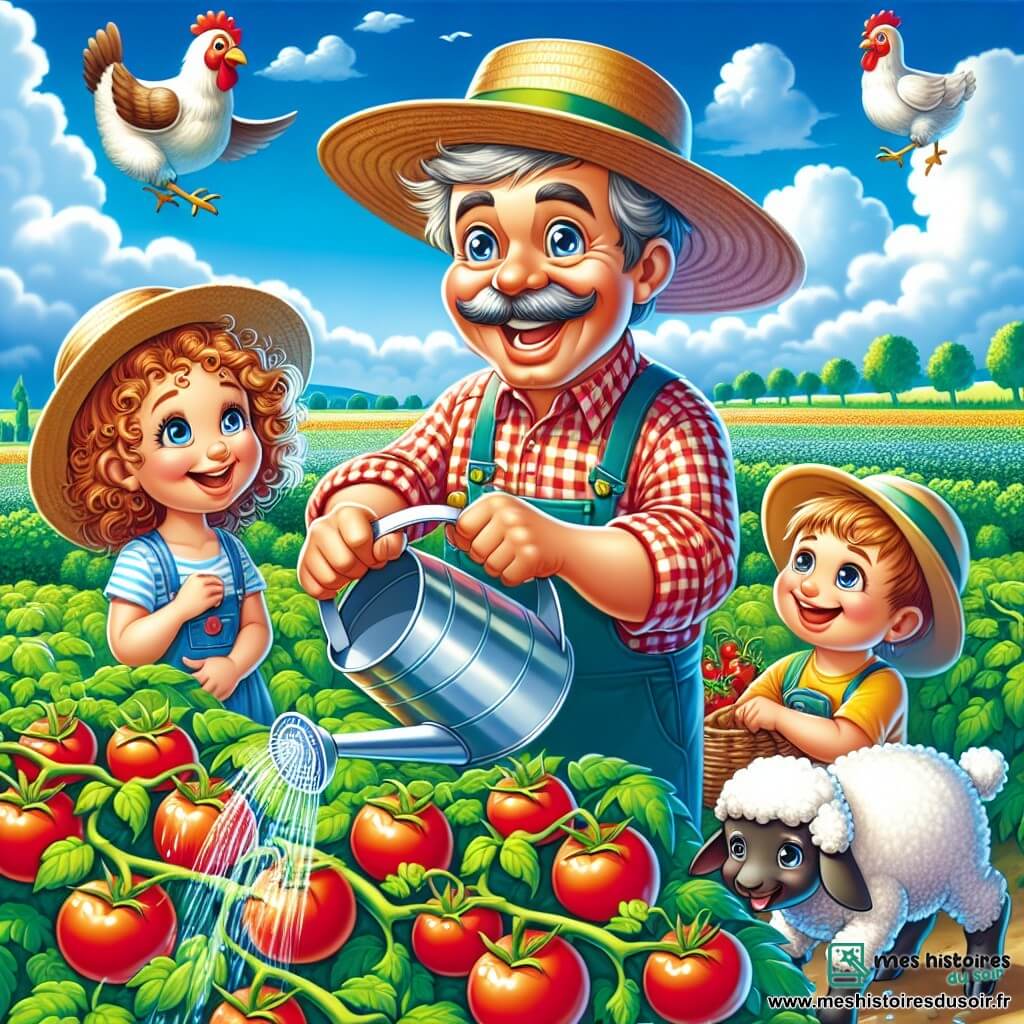 Une illustration sous forme de dessin destinée aux enfants représentant un charmant champ verdoyant sous un ciel bleu éclatant, où un homme jovial avec une grande moustache, vêtu d'une chemise à carreaux et d'un chapeau de paille, arrose des tomates bien rouges, tandis que deux enfants, une fille aux cheveux bouclés et un garçon portant un chapeau trop grand, l'observent avec émerveillement, entourés de poules picorant le sol et d'un agneau gambadant joyeusement à proximité, illustrant une journée d'apprentissage et de joie à la ferme.