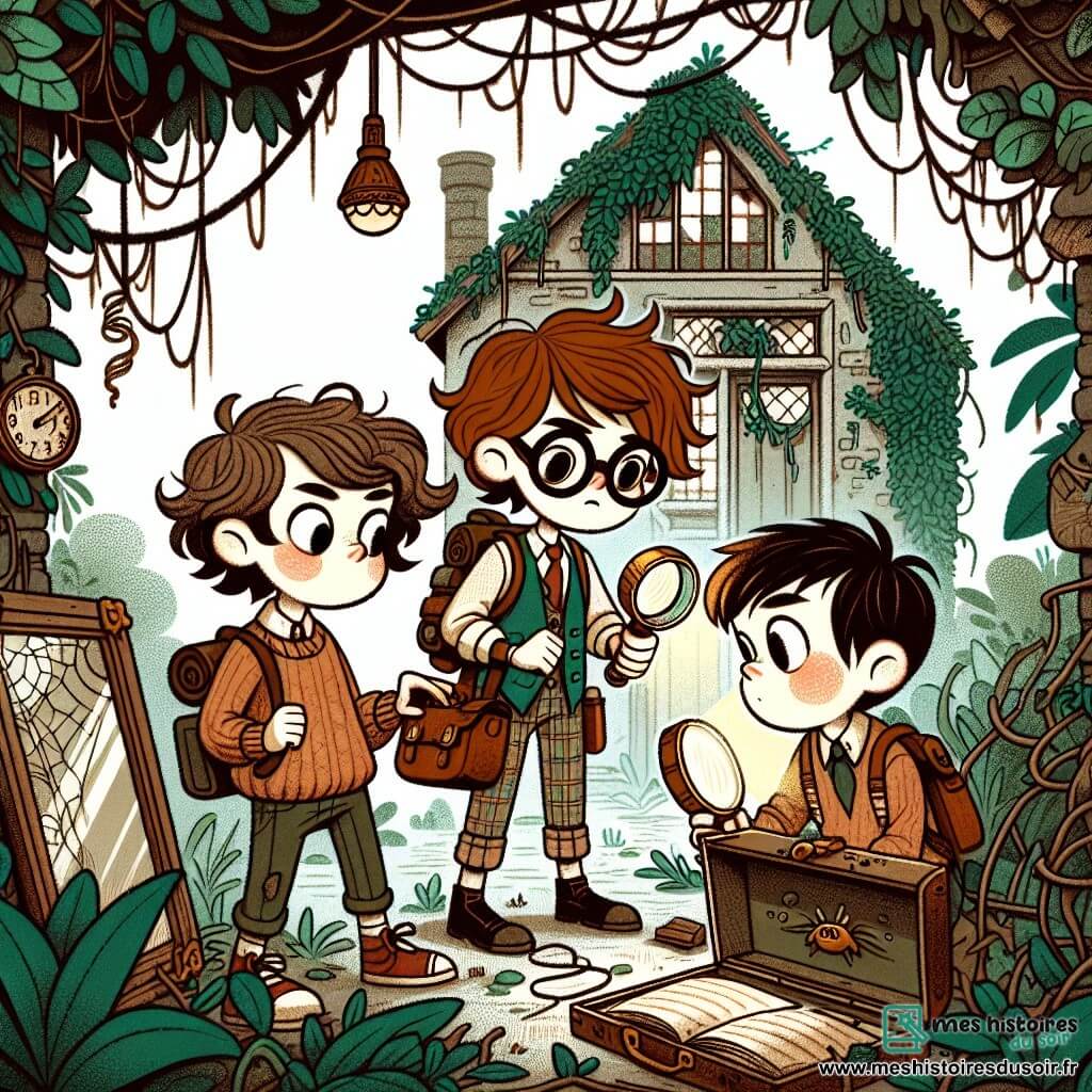 Une illustration sous forme de dessin destinée aux enfants représentant une vieille maison abandonnée, entourée de plantes grimpantes et de toiles d'araignées, avec un garçon de 12 ans aux cheveux ébouriffés et aux lunettes rondes, tenant une lampe de poche et un carnet, tandis qu'une fille aux cheveux bruns et bouclés, pleine de curiosité, examine un vieux coffre en bois, et un garçon aux cheveux courts et aux yeux vifs, observant attentivement un miroir ancien, tous trois plongés dans une aventure palpitante à la recherche de trésors cachés et de mystères à résoudre.