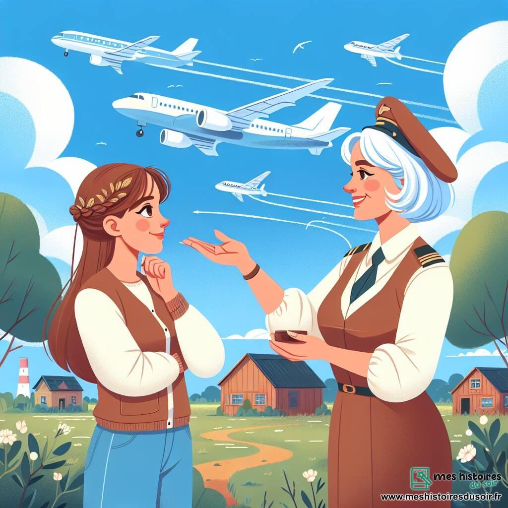 Une illustration destinée aux enfants représentant une femme passionnée par l'aviation, qui réalise son rêve de devenir pilote d'avion avec l'aide d'une célèbre pilote, dans un village paisible entouré de verdure, où les avions survolent un ciel bleu éclatant.