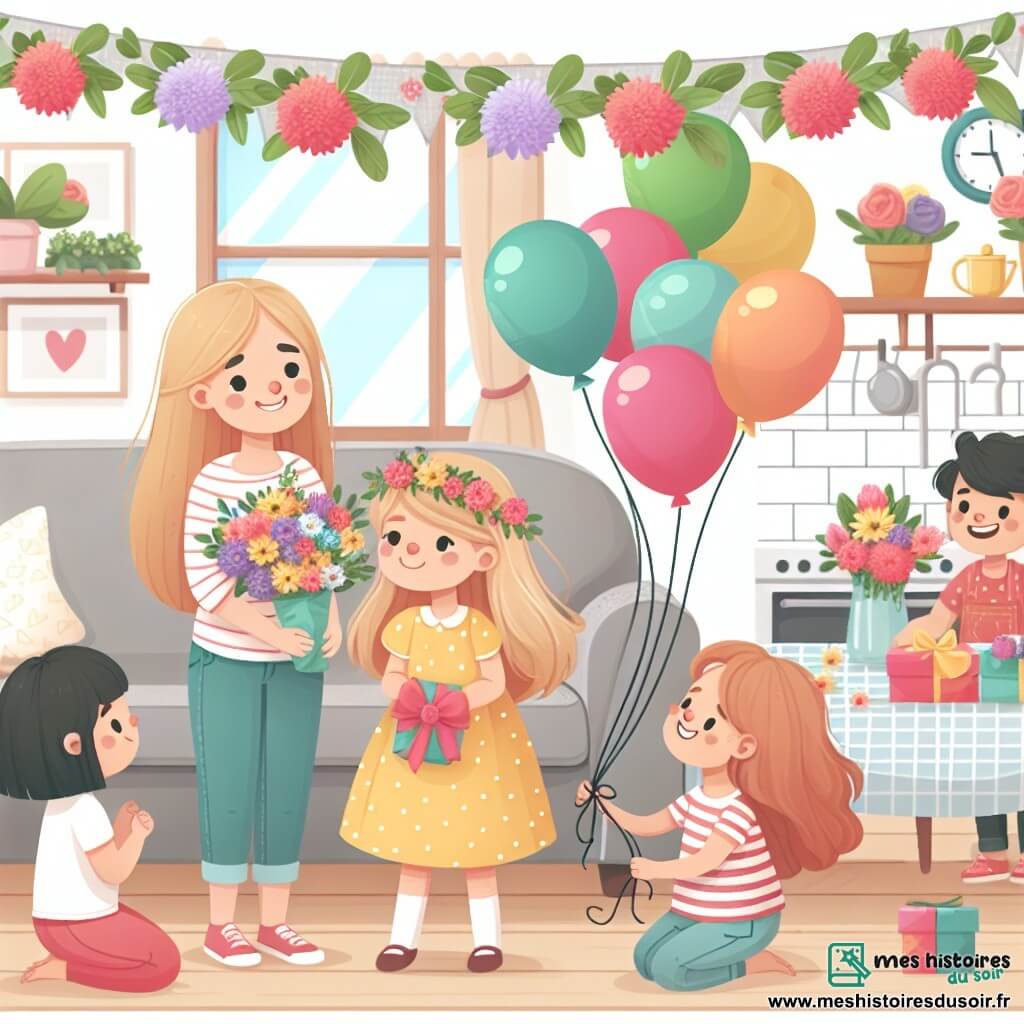 Une illustration destinée aux enfants représentant une fillette préparant une surprise pour sa maman avec l'aide de ses amis, dans un salon décoré de guirlandes de fleurs et de ballons colorés pour la fête des mères.