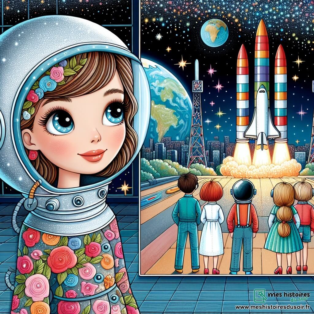 Une illustration destinée aux enfants représentant une jeune femme aux yeux brillants d'étoiles, rêvant de devenir astronaute, accompagnée de ses amis astronautes en herbe, sur le pas de lancement d'une fusée multicolore, prête à s'envoler vers l'espace infini, avec en arrière-plan un ciel étoilé scintillant et une Terre majestueuse vue de l'espace, dans le centre spatial de Lumièreville.