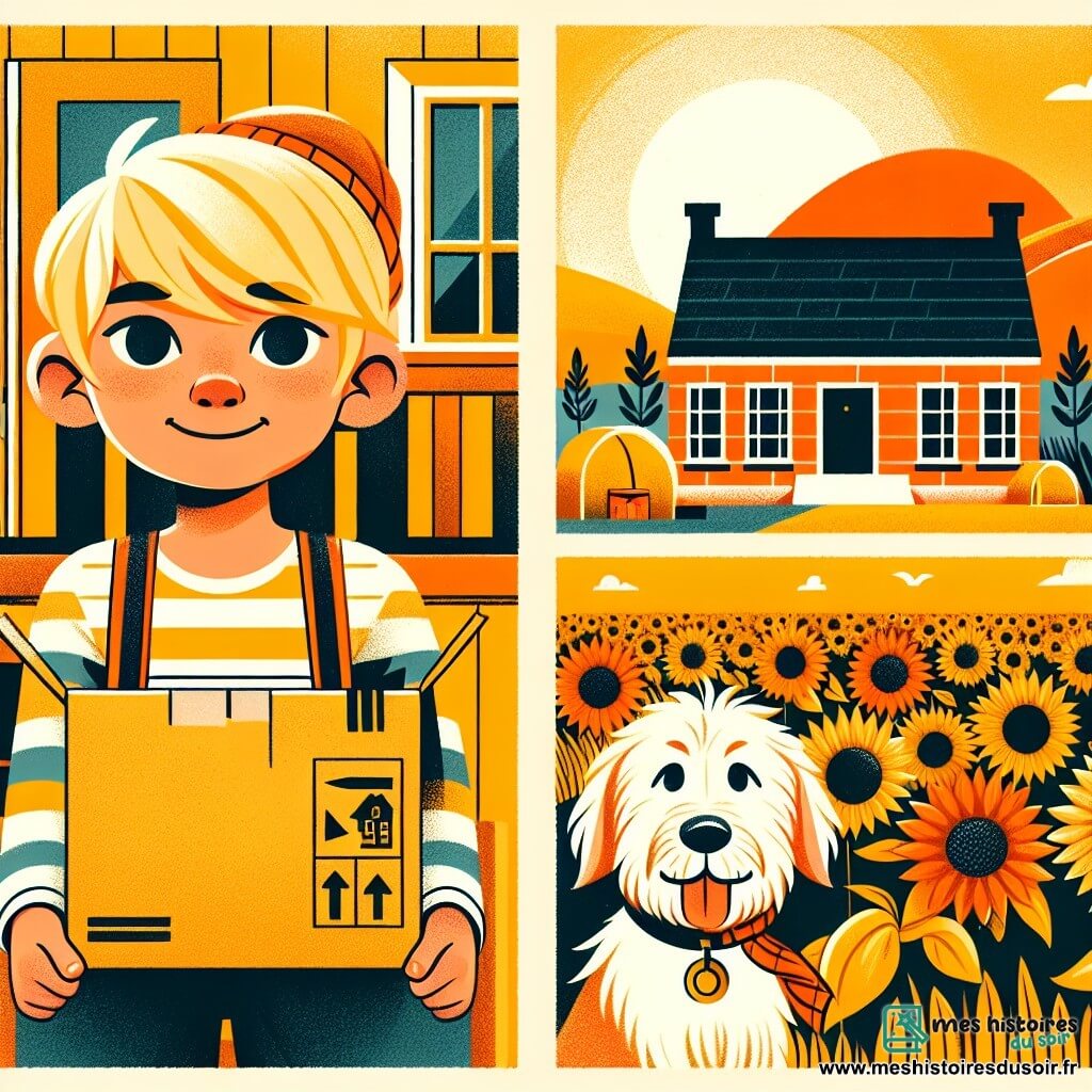 Une illustration destinée aux enfants représentant un petit garçon blond, une famille qui déménage, un chien fidèle et un champ de tournesols ensoleillé.