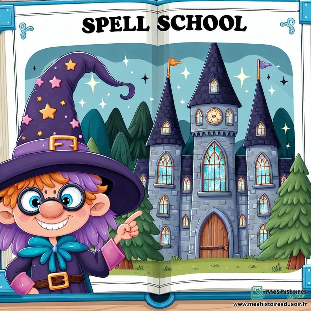 Une illustration destinée aux enfants représentant un jeune apprenti sorcier espiègle, accompagné d'une sorcière à la chevelure violette et au nez crochu, évoluant dans l'École des Sortilèges, un bâtiment majestueux aux tours pointues et aux fenêtres étincelantes, caché au cœur d'une forêt enchantée.