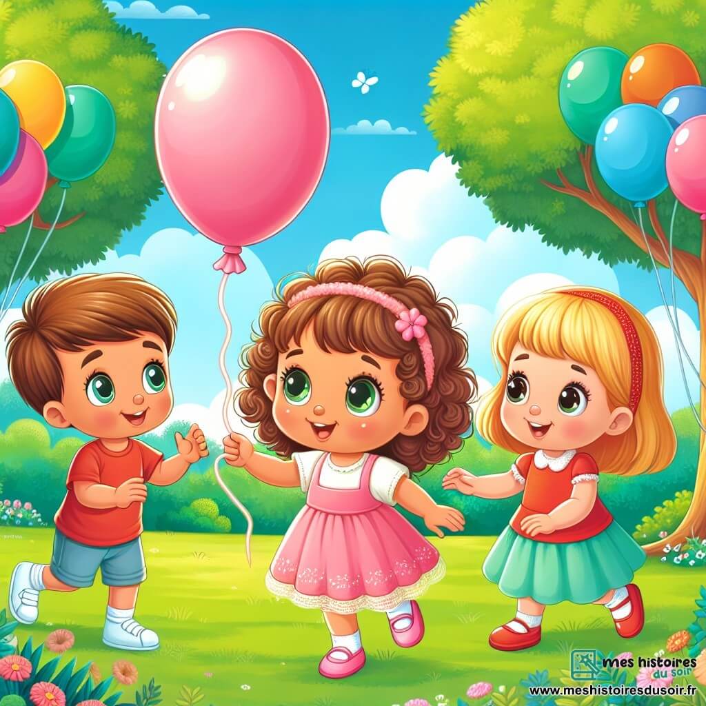 Une illustration sous forme de dessin destinée aux enfants représentant un parc ensoleillé avec des arbres verdoyants et des ballons colorés flottant dans le ciel, où une petite fille de 1 an aux cheveux bouclés et aux yeux pétillants, vêtue d'une robe rose, regarde avec émerveillement un ballon rose coincé dans un arbre, tandis que deux enfants, un garçon aux cheveux bruns portant un t-shirt rouge et une fille aux cheveux blonds en robe bleue, s'approchent d'elle avec des sourires encourageants, tous trois prêts à résoudre l'énigme du ballon perdu.