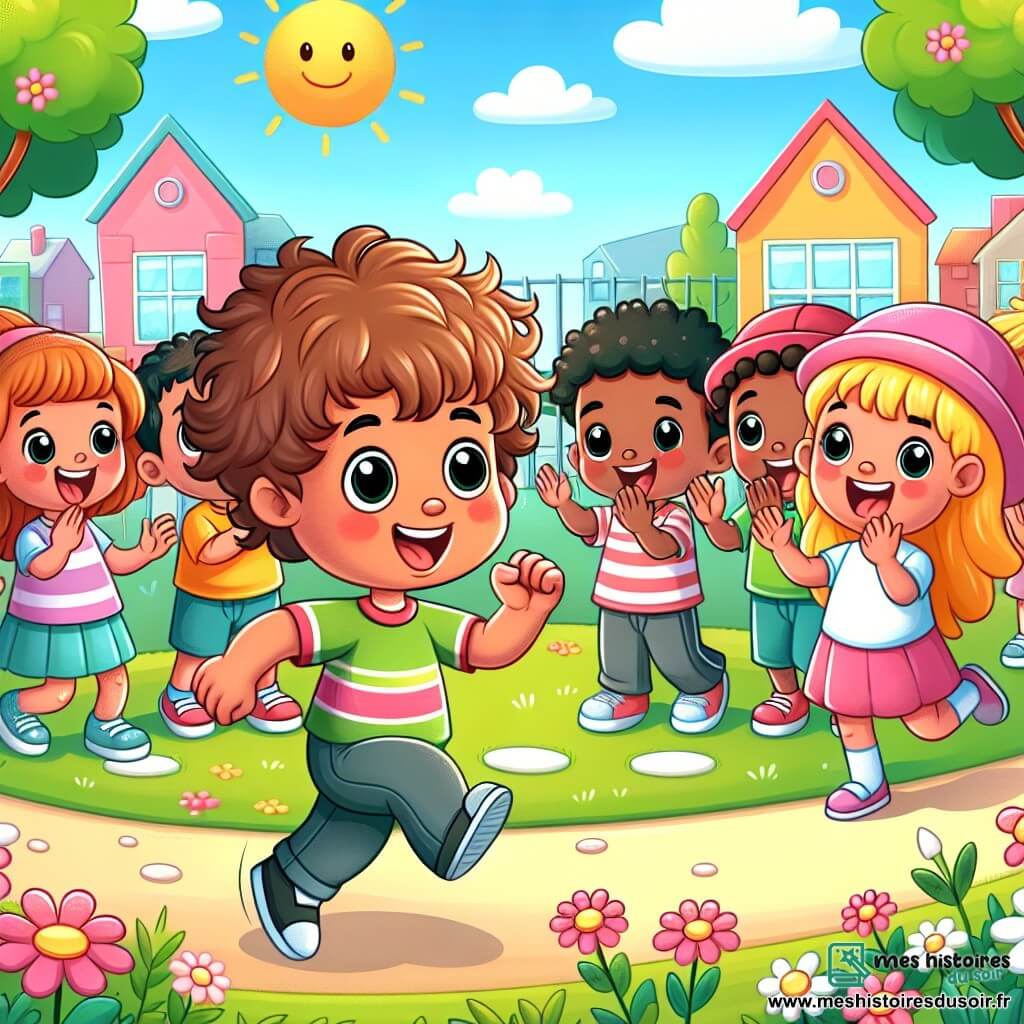 Une illustration sous forme de dessin destinée aux enfants représentant une cour d'école ensoleillée, avec des maisons colorées en arrière-plan et des fleurs épanouies, où un garçon de 5 ans aux cheveux châtains et bouclés, souriant et joyeux, court avec enthousiasme vers un groupe d'enfants, dont une petite fille au chapeau rose qui l'encourage, tandis que d'autres enfants applaudissent et rient, illustrant un moment de camaraderie et d'acceptation autour du thème du handicap.