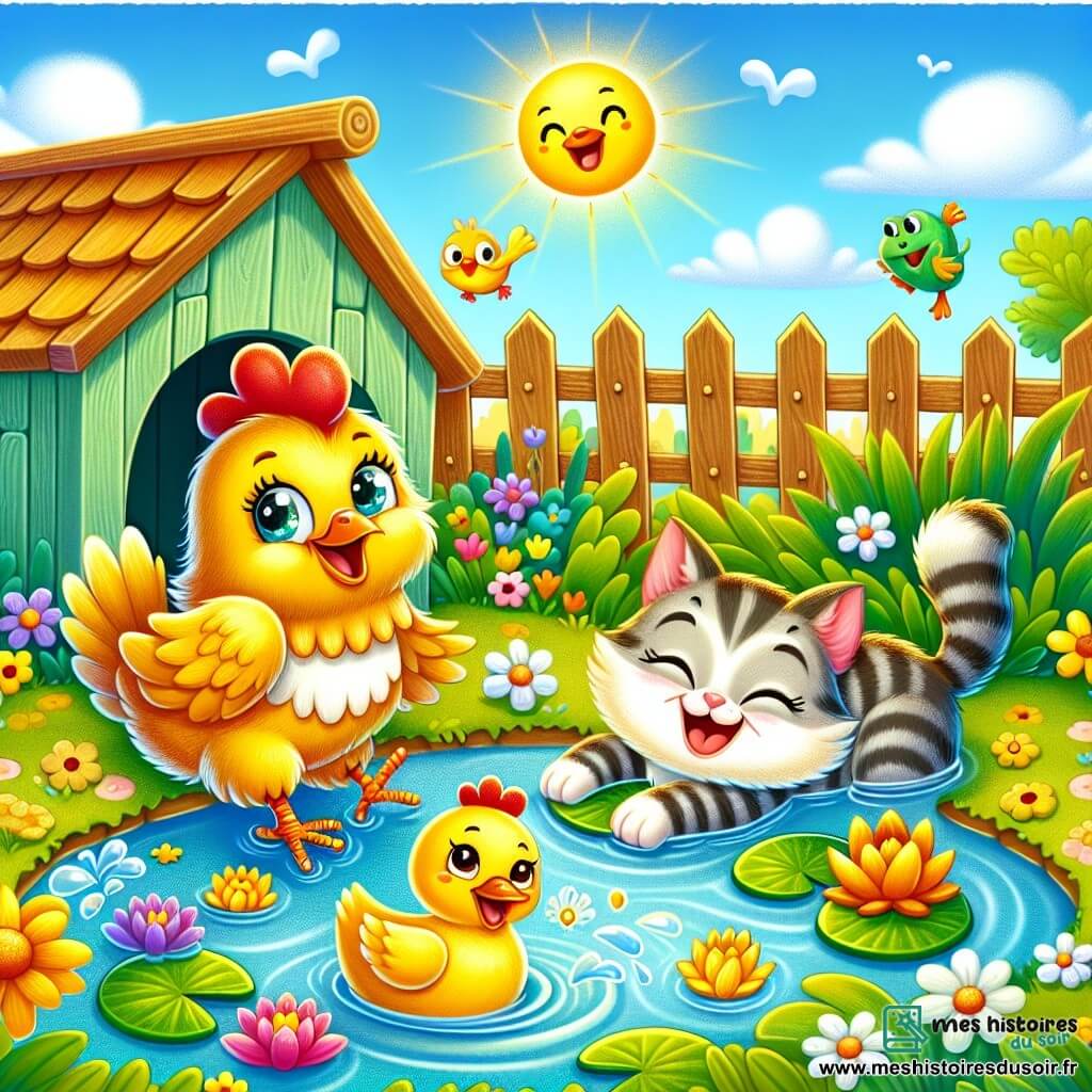 Une illustration sous forme de dessin destinée aux enfants représentant un jardin ensoleillé avec un joli poulailler en bois, où une poule aux plumes dorées et aux yeux pétillants éclabousse joyeusement dans une mare, tandis qu'un canard aux plumes jaunes et un chat paresseux aux rayures grises rient ensemble, entourés de fleurs colorées et de quelques grenouilles amusées sur des nénuphars, capturant l'esprit d'une fête pleine de rires et d'amitié.