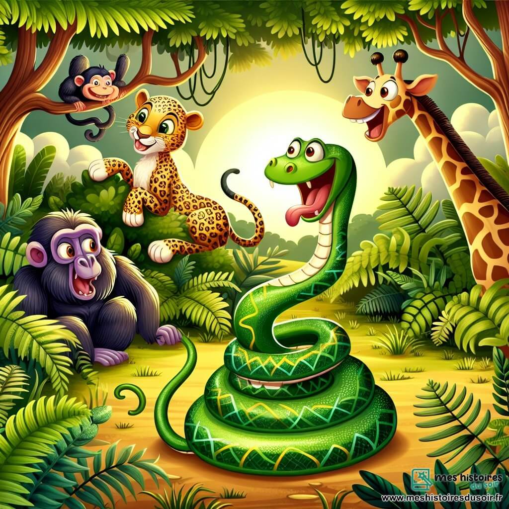 Une illustration sous forme de dessin destinée aux enfants représentant une jungle luxuriante aux couleurs vives, avec un serpent aux écailles chatoyantes qui se tortille joyeusement entre les fougères, tandis qu'un léopard aux taches dorées et une girafe aux longues jambes l'observent avec des sourires amusés, alors qu'ils assistent à un concours de grimaces hilarantes organisé par un babouin espiègle, le tout baigné dans la lumière dorée du soleil couchant.