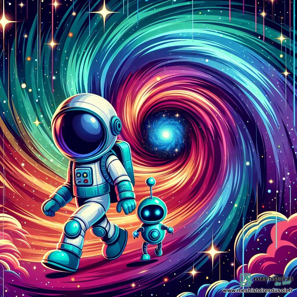 Une illustration destinée aux enfants représentant un audacieux astronaute, entouré d'un robot compagnon, explorant un vortex coloré dans l'espace infini, avec des nébuleuses chatoyantes et des étoiles filantes scintillantes en toile de fond, créant une ambiance mystérieuse et captivante.