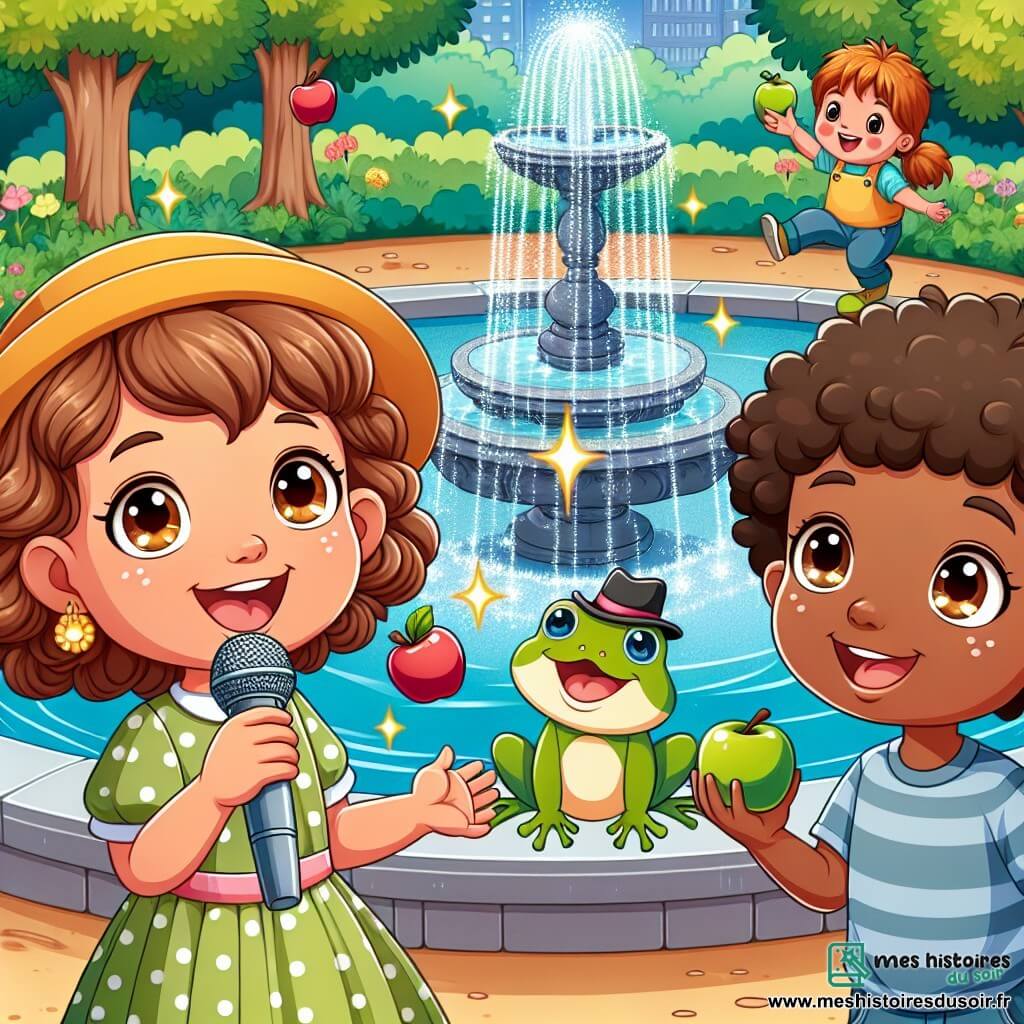 Une illustration sous forme de dessin destinée aux enfants représentant un parc enchanté avec une fontaine scintillante au centre, où une fille de 11 ans aux cheveux bouclés couleur caramel et aux yeux pétillants chante joyeusement avec une grenouille verte qui porte un petit chapeau, tandis qu'un garçon d'environ 12 ans, avec des cheveux bruns en bataille et un sourire malicieux, jongle avec des pommes à côté d'eux, le tout capturant l'instant magique où ils résolvent une énigme pour une chasse au trésor pleine de rires et d'amitié.