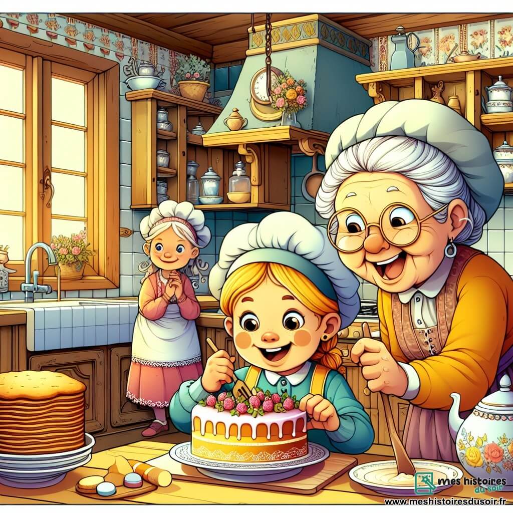 Une illustration destinée aux enfants représentant une fillette espiègle préparant une surprise pour sa maman, avec l'aide de sa grand-mère, dans une cuisine chaleureuse remplie du parfum envoûtant d'un gâteau fraîchement cuit.