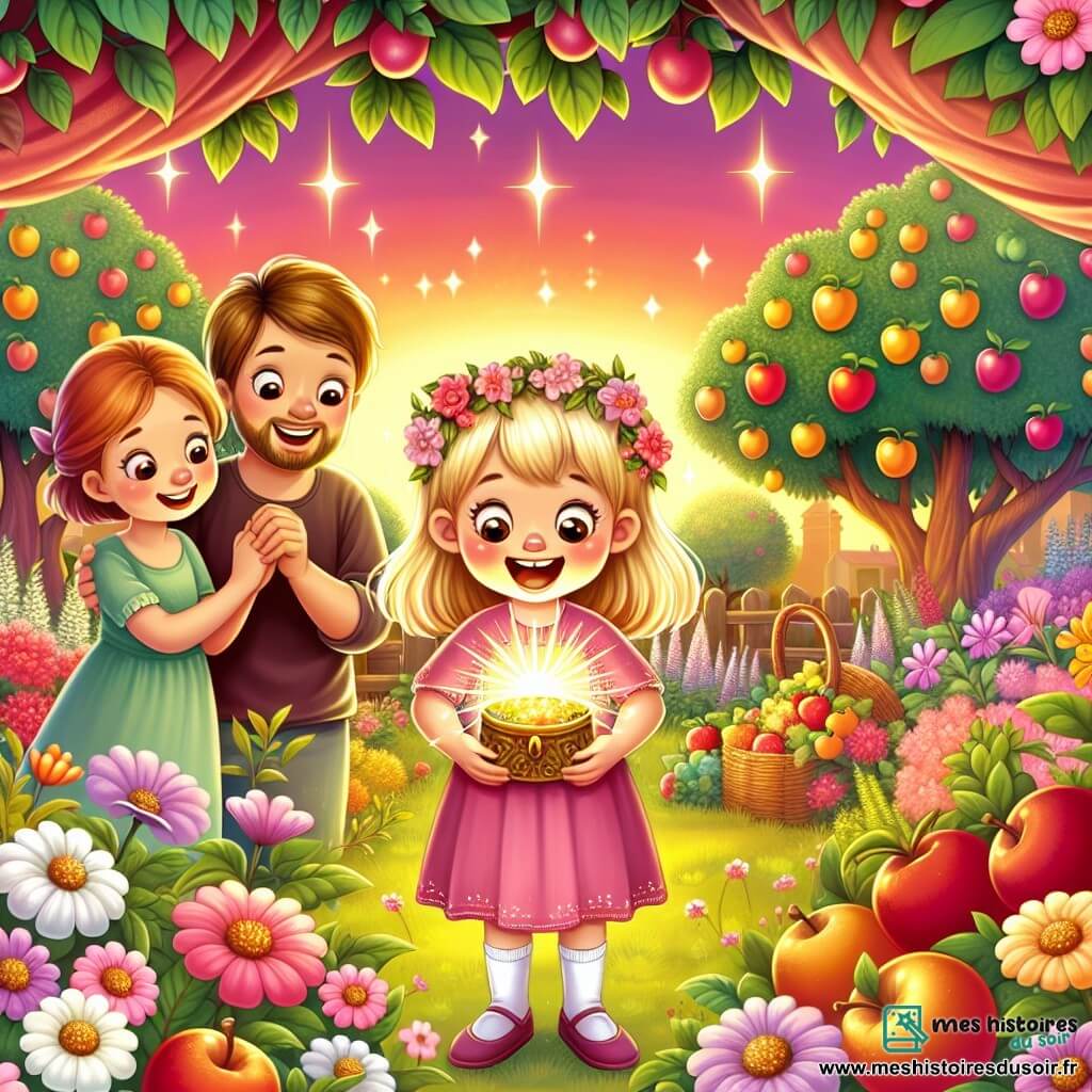 Une illustration destinée aux enfants représentant une fillette rayonnante découvrant un trésor caché lors d'une chasse aux trésors pleine de surprises dans un jardin enchanteur aux fleurs multicolores et aux arbres fruitiers généreusement chargés, le tout sous un ciel rose et doré de fin de journée, en compagnie de ses parents complices et aimants.