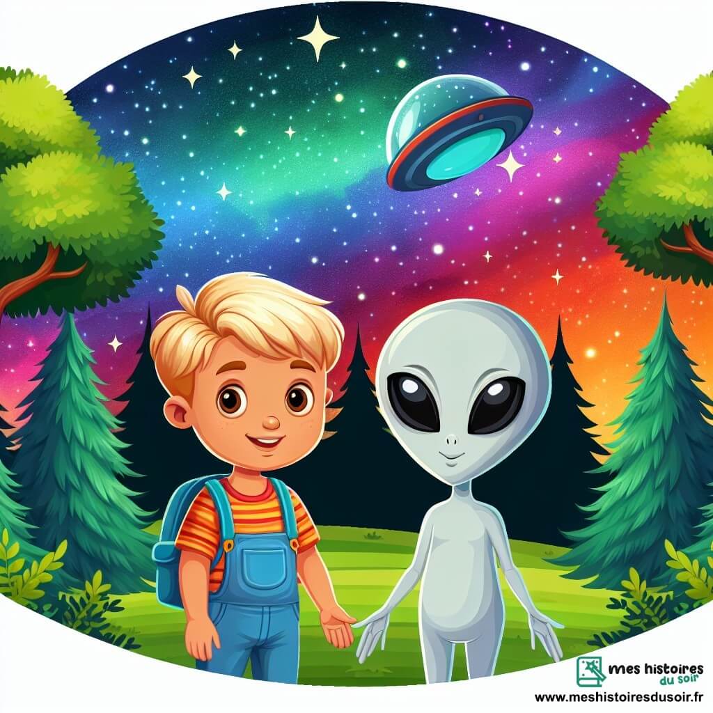 Une illustration destinée aux enfants représentant un jeune garçon curieux, un extraterrestre amical, une forêt luxuriante avec des arbres majestueux et un ciel étoilé rempli de couleurs vives.